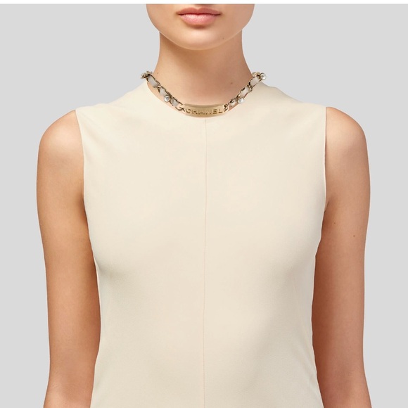 CHANEL Faux Pearl and Leather Woven Name Plate Choker Necklace - Picture 2 of 3